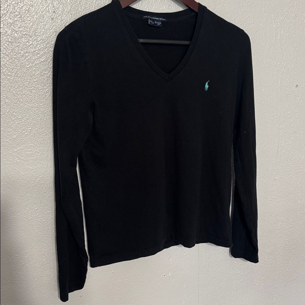 RALPH LAUREN SPORT Black V Neck Long Sleeve Cotton Shirt Old Money Quiet Luxury